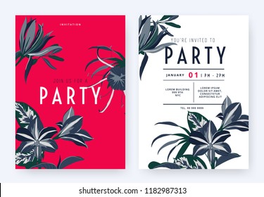 Floral party invitation card template design, Magnolia champaca, spider lily, Amaryllis and leaves in blue tones on red