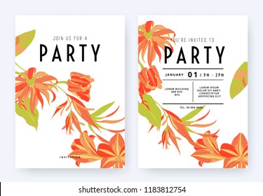 Floral party invitation card template design, Cananga odorata, tulip, Heliconia, Amaryllis and leaves in orange tones on white