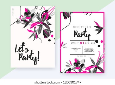 Floral party invitation card template design, Amsonia, tulip, Magnolia coco, Heliconia, Iris and leaves in pink and grey tones on white