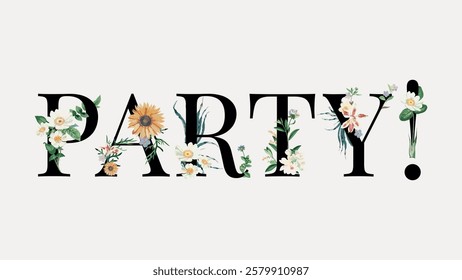 Floral 'PARTY!' text with flowers. Party theme with floral accents. Elegant floral design for party invitations. Flowers enhance the party vibe. Vintage floral font vector.