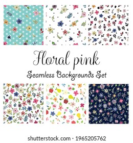 Floral pastel collection sheet 2, flat design, polka dot, lilies varied flowers seamless patterns
