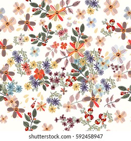 Floral pastel color pattern with spring flowers. Cute design style