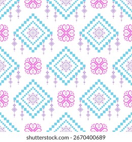 Floral pastel pixel art pattern on white background.geometric ethnic oriental embroidery ,pixel style abstract background, cross stitch.Design for texture,fabric,
cloth,scarf, table runner.