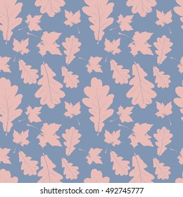 Floral pastel seamless pattern with maple and oak pink leaves on blue. Autumn background with grunge foliage, petals for wrapping paper. Vector illustration.