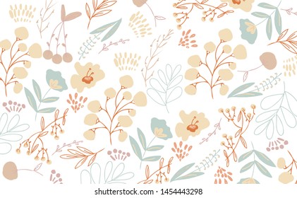 Floral pastel seamless pattern. Scandinavian living design for wrapping paper, postcards, posters, invitations, clothes, swimwear and phone cases. Vector illustration.