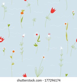 Floral pastel seamless pattern with small flowers and tulips blue design