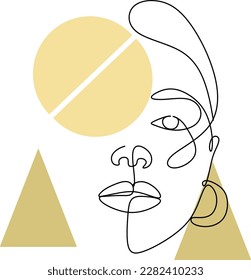Floral pastel woman abstract line face. One line drawing