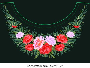Floral Patch neckline embroidered isolated on black background. Red pink flowers, peonies. Embroidery design. Vector illustration