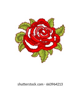 Floral Patch and sticker embroidered isolated on white background. Red flowers, rose. Embroidery designs. Vector illustration