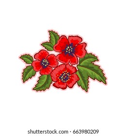 Floral Patch sticker embroidered isolated on white background. Red flowers poppies. Embroidery designs. Vector illustration