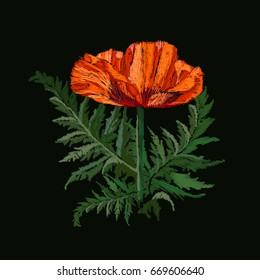 Floral Patch sticker embroidered isolated on black background. Red flower Poppy. Embroidery design. Vector illustration