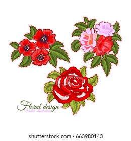 Floral Patches, labels or stickers embroidered isolated on white background. Red flowers, peony, rose, poppy. Embroidery designs. Vector illustration