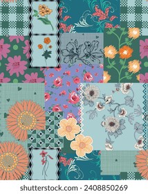 Floral patchwork with hand drawn retro flower and texture background seamless pattern