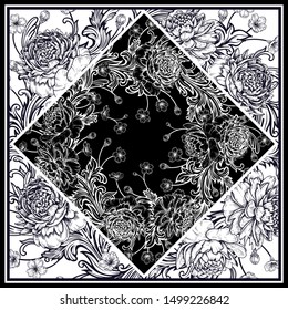 Floral patchwork. Luxurious flowers peonies and baroque style ornament details. Black and white pattern. Template for design scarf or pillow. Vector botanical  illustration. Vintage art