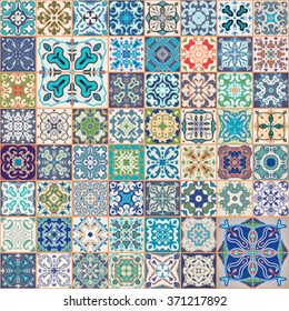 Floral patchwork tile design. Colorful Moroccan Mediterranean square tiles, mosaic ornaments. tile mosaic background, surface textures. Indigo blue white teal fabric. Seamless tile mosaic. Tile vector