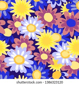 Floral pattern with abstract blue daisies and dandelions on blue background. For textile, fabric, background, Wallpaper, wrapping paper.