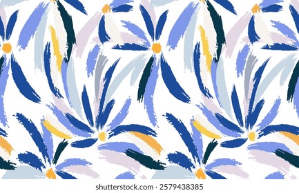 floral pattern of abstract careless brush strokes. Modern seamless pattern of blue, light, gray, pink, yellow petals on white. Print for fabric, wallpaper, bed linen, paper