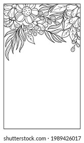 Floral pattern from abstract contour flowers and leaves. Beautiful black and white illustration. Suitable for coloring pages for adults and children, postcards, holiday invitations.