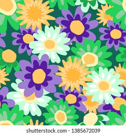 Floral pattern with abstract daisies on green background. For textile, fabric, background, Wallpaper, wrapping paper.