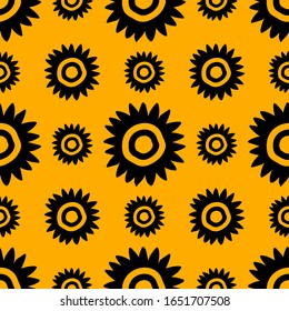 Floral pattern with abstract daisy. Hand drawn summer flower. Black yellow design.  Seamless repeat background. Vector