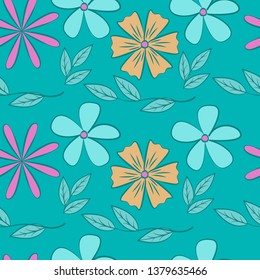 Floral pattern of abstract flat flowers on a blue background. Seamless vector pattern