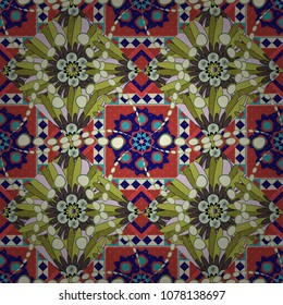 Floral pattern with abstract flowers. Vintage elegance ornament. Vector seamless texture with stylized flowers. Wedding flowers design in blue, beige and green colors.
