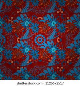 Floral pattern with abstract flowers. Wedding flowers design in black, red and blue colors. Vector seamless texture with stylized flowers. Vintage elegance ornament.