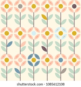 Floral pattern with abstract scandinavian flowers, folk ornaments. Seamless background. Yellow, gray, pastel pink. Vector illustration