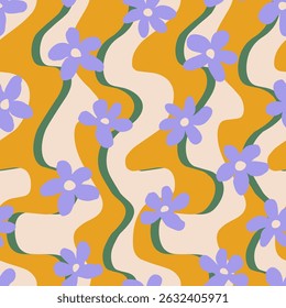 Floral pattern with abstract wave stripe. Groovy flowers background for fabric, textiles, clothing, cover, poster, banner, packaging, wallpaper, interior decor. Vector illustration.