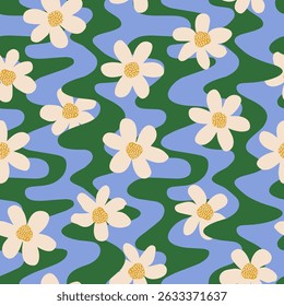 Floral pattern with abstract wave stripe. Groovy flowers background for fabric, textiles, clothing, cover, poster, banner, packaging, wallpaper, interior decor. Vector illustration.