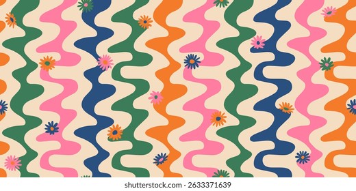 Floral pattern with abstract wave stripe. Groovy flowers background for fabric, textiles, clothing, cover, poster, banner, packaging, wallpaper, interior decor. Vector illustration.