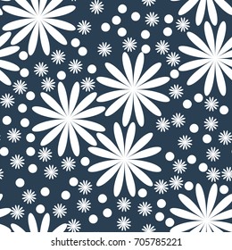 Floral pattern, abstract white flowers on a dark Indigo background. Seamless pattern for print on fabric, surfaces, textiles, scrap-booking, patchwork. Vector illustration Millefleurs liberty style.