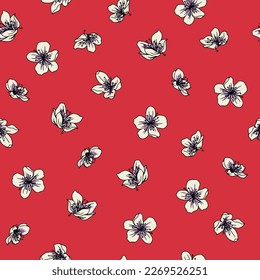 Floral pattern of almond tree on red background. Pattern of white flowers. Perfect for dresses and blouses. Ready to color and repeat
 All over and vector design