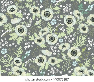 Floral pattern with anemones. Beautiful white flowers. Gray background. Ditsy floral background.The elegant the template for fashion prints. Pastel colors.