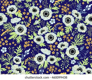 Floral pattern with anemones. Beautiful white flowers. Dark blue background. Seamless pattern. Floral background.The elegant the template for fashion prints. Pastel colors.