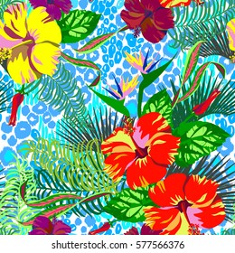 Floral pattern and animal print amazing vector tropical seamless pattern mix style for fashion floral design artistic work created.