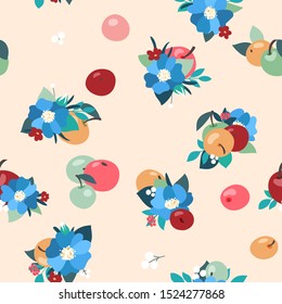Floral pattern with apples and blue flowers. Romantic and naive style for your design and decoration of textiles, greeting cards and wedding invitations.