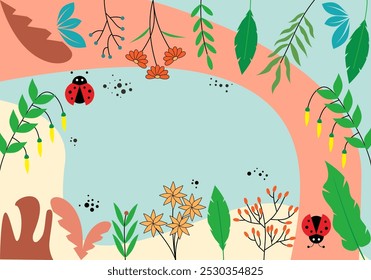 Floral pattern around the edges. Beautiful background with delicate plants blooming on the edge of the blue background. Horizontal border with pastel spring summer flowers.