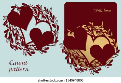 Floral pattern around the heart for laser cutting. Holiday greetings, invitation, thank you card. Openwork element for the design of postcards. Vector format.