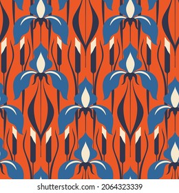 Floral pattern in art deco style. Seamless pattern with decorative iris flowers, leaves. Modern design for a vintage print. Vector illustration.