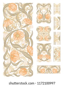 Floral pattern in art nouveau style, vintage, old, retro style. Set of decorative elements for design. Colored vector illustration. Isolated on white background. In soft orange and green colors
