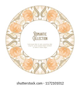 Floral pattern in art nouveau style, vintage, old, retro style. Template for invitation, greeting card, banner, gift voucher with place for text. Vector illustration. In soft orange and green 