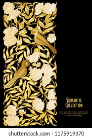 Floral pattern in art nouveau style, vintage, old, retro style. Template for invitation, greeting card banner, gift voucher with place for text. Colored vector illustration. In gold and black
