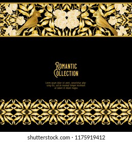 Floral pattern in art nouveau style, vintage, old, retro style. Template for invitation, greeting card banner, gift voucher with place for text. Colored vector illustration. In gold and black
