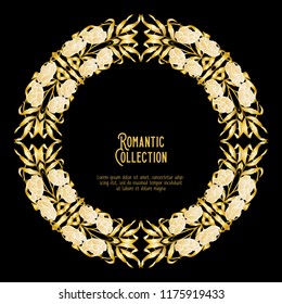 Floral pattern in art nouveau style, vintage, old, retro style. Template for invitation, greeting card banner, gift voucher with place for text. Colored vector illustration. In gold and black
