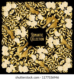 Floral pattern in art nouveau style, vintage, old, retro style. Template for invitation, greeting card banner, gift voucher with place for text. Colored vector illustration. In gold and black
