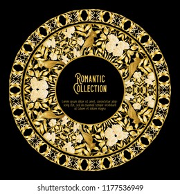 Floral pattern in art nouveau style, vintage, old, retro style. Template for invitation, greeting card banner, gift voucher with place for text. Colored vector illustration. In gold and black
