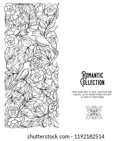 Floral pattern in art nouveau style, vintage, old, retro style. Template for invitation, greeting card banner, gift voucher with place for text. Outline hand drawing vector illustration.