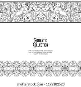 Floral pattern in art nouveau style, vintage, old, retro style. Template for invitation, greeting card banner, gift voucher with place for text. Outline hand drawing vector illustration.