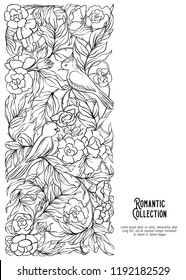 Floral pattern in art nouveau style, vintage, old, retro style. Template for invitation, greeting card banner, gift voucher with place for text. Outline hand drawing vector illustration.